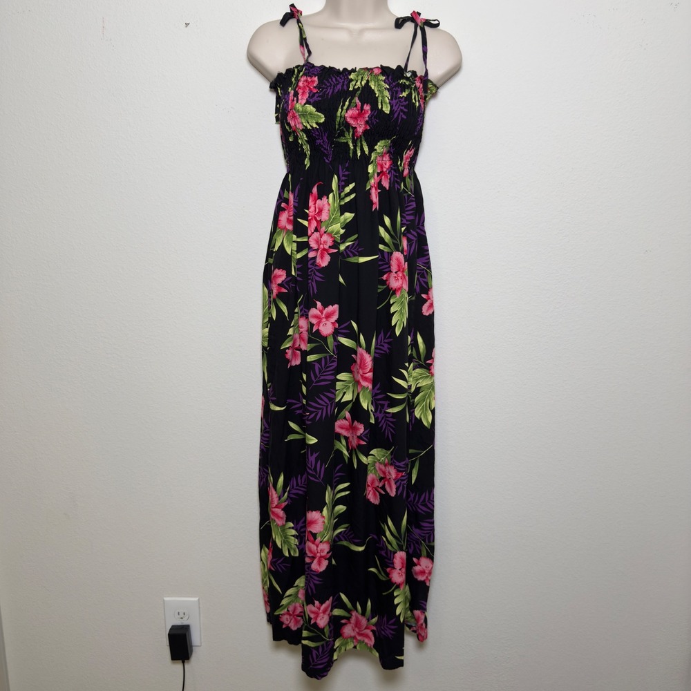 Two Palms Hawaii Women Black Floral Hibiscus Smocked Maxi Dress Vacation‎ Resort